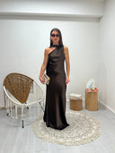vestito monospalla satin marrone